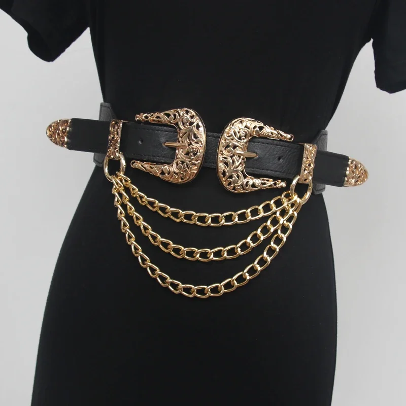 

Women's Runway Fashion Vintage PU Leather Chain Cummerbunds Female Dress Corsets Waistband Belts Decoration Wide Belt R2172