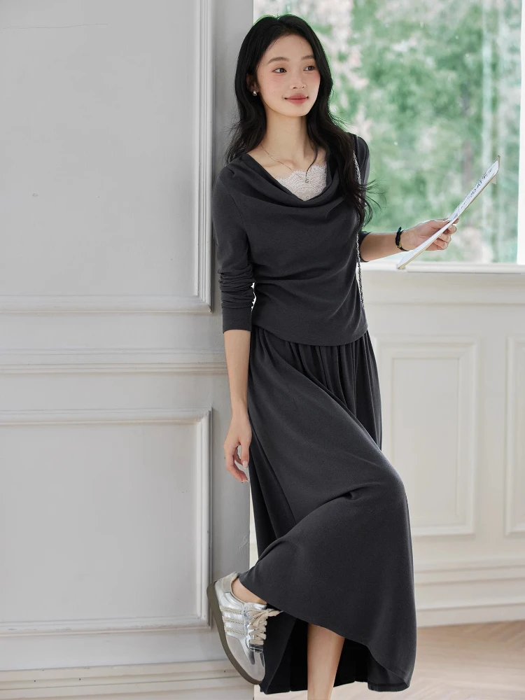 VIMLY Grey Skirts Sets Women's Autumn 2025 Lace Patchwork Swinging Neck Long Sleeve Top A-line Skirt Woman Two-piece Set A1990