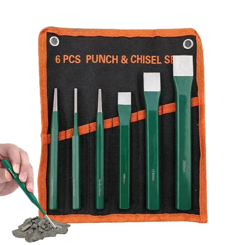 Heavy Duty Punch e cinzel Set com Storage Pouch, Hand Tool Acessórios, Carpintaria, Carro, Reparação em Casa, 6Pcs