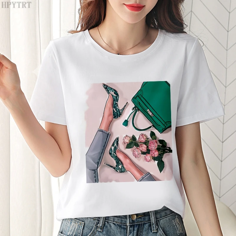 

Korean hipster Women's Casual T-shirts White Top Female Tshirt Fashion Harajuku Sexy Beautiful Legs Flowers Printed O-neck Tee