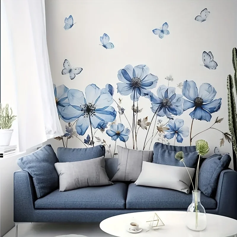 Watercolor Blue Flower Butterfly Wall Stickers, Removable Vinyl Art Decal for Living Room Bedroom TV Background Wall Home Decor