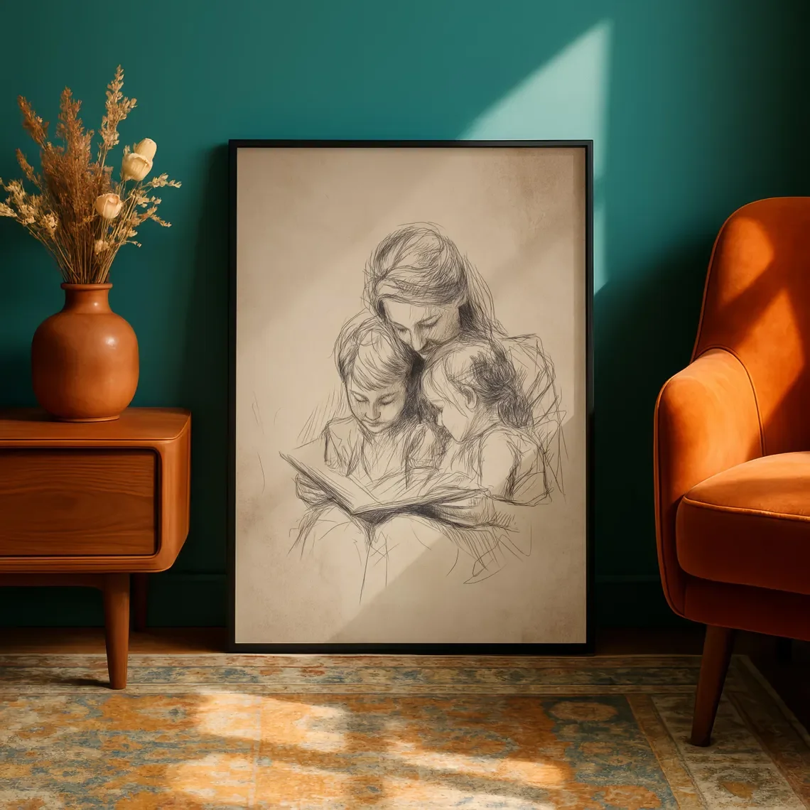 Motherhood Sketch Wall Art, Mom Reading to Children Drawing, Emotional Family Illustration, Mother’s Day Gift, Vintage Style