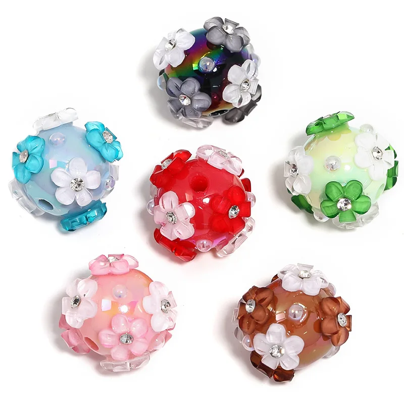 Trendy New 15pcs 20mm Acrylic Flowers Decorated Round Floral Gumball Beads Fit Bracelet Necklace Earring Ornament Pen Making