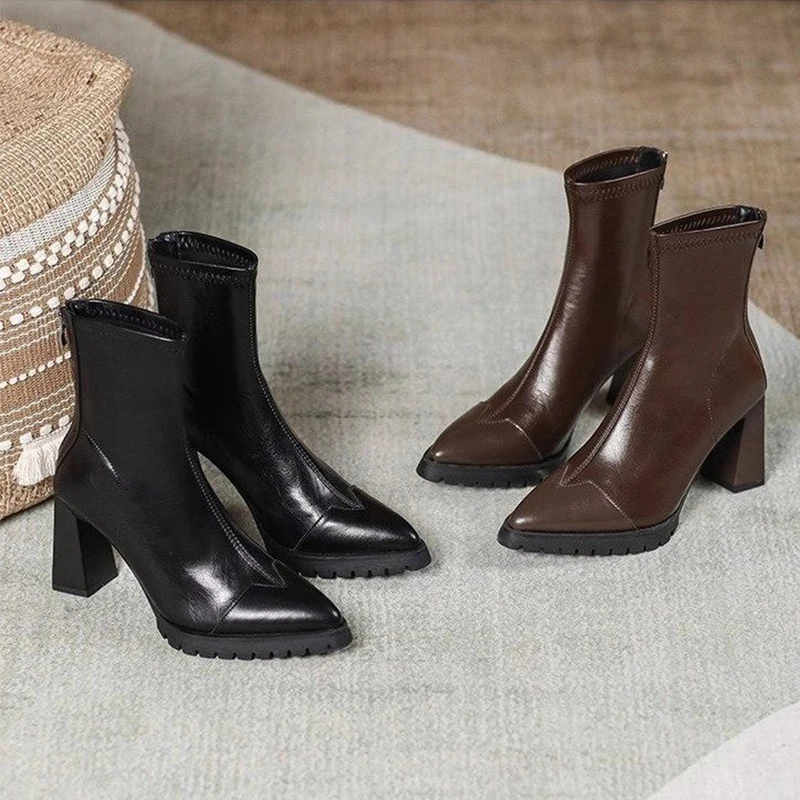 أشار تو النساء حذاء من الجلد عالية الكعب أحذية مثيرة شتاء 2025 ماركة مضخات مكتنزة أحذية بوت قصيرة البريدي تشيلسي الأحذية Mujer Zapatos #5