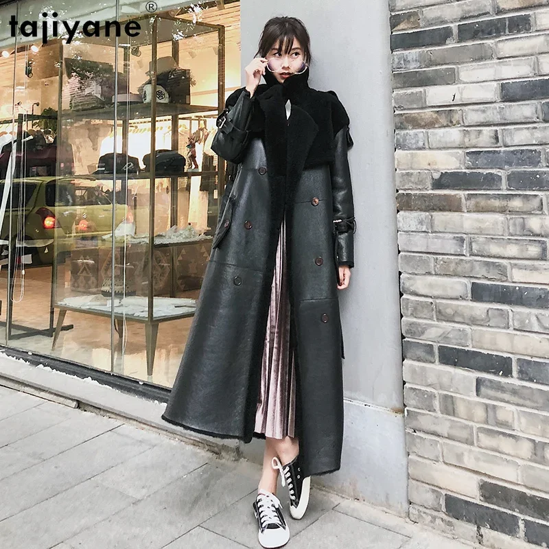 Tajiyane Natural Merino Sheep Fur Jackets for Women 2023 Winter Long Real Fur Coat Fashion Black Lamb Fur Coats Elegant Belt