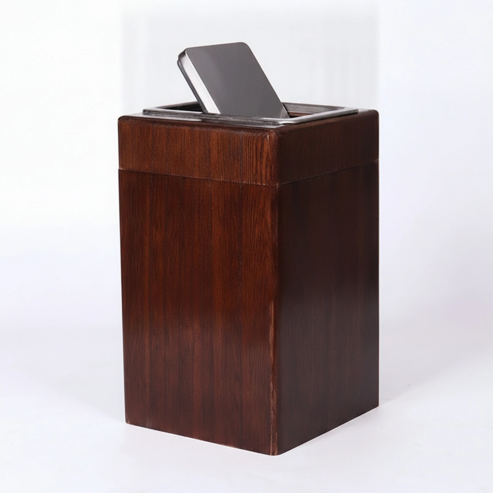 Freestanding Wooden Wastebasket Natural Wood Wooden Trash Bin with Metal-Framed Lid Tall Rectangular Trash Can Wipe-Clean