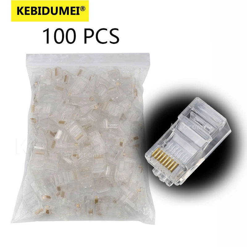 

100 шт./лот RJ45 CAT5 CAT5e проходные разъемы с кристаллическим концом, позолоченные 8P8C, обжимные UTP, стандартная сетевая модульная вилка Ethernet