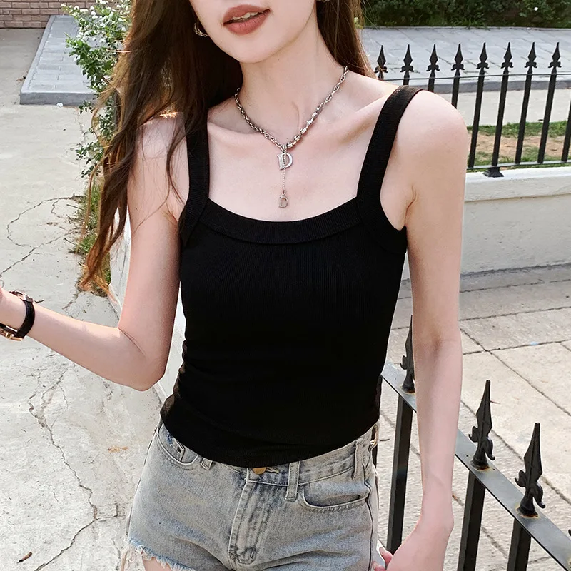 Women Sling Vest One Word Neck Ribbed Viscose Slim Fit Sleeveless Camisole Summer Sweet Fresh Inner Outer Bottoming Top