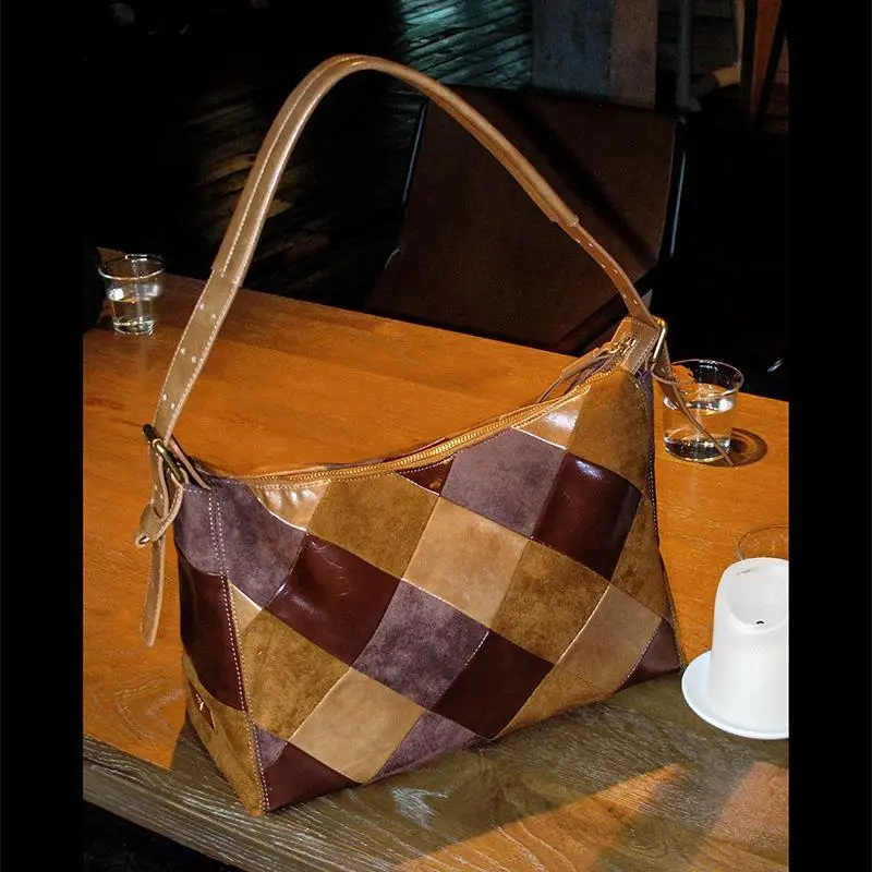 Luxury High-quality Top Layer Cowhide Diamond Grid Pattern Splicing Contrasting Color Horizontal Square Shoulder Bags For Women
