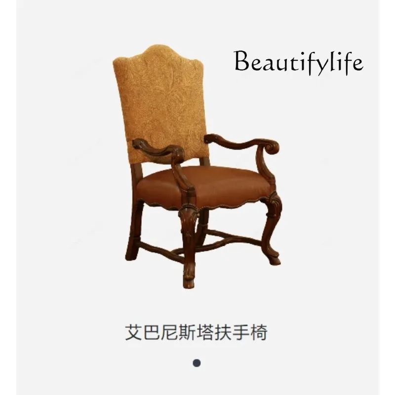American light luxury designer solid wood leather cloth joined armrest dining chair, villa dining table and chairs