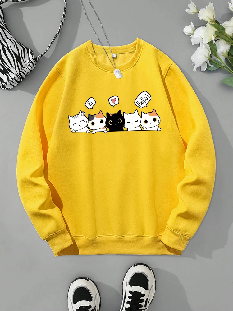 Cat Says Hello Funny Print Sweatshirt Women Harajuku Casual Comfortable Tracksuit Fashion Street Tops Autumn Warm Basic Pullover