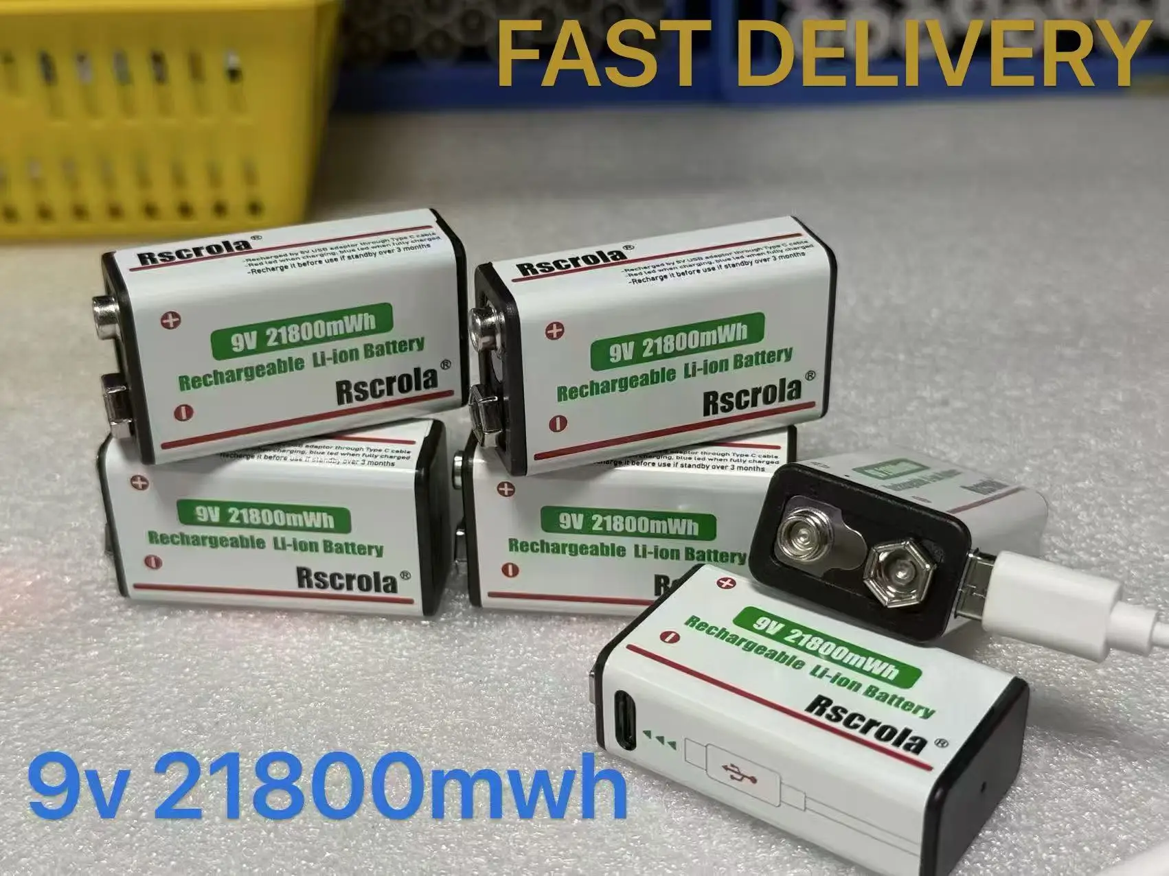 

Long-Lasting 9V Lithium ion Rechargeable Battery 21800mWh High Capacity for Guitar Microphone Smoke Detector Pedal with Cable