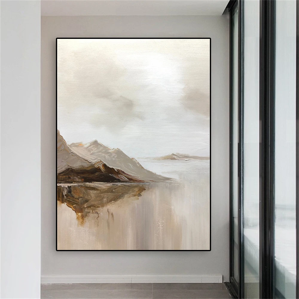 Large Beige Abstract Painting Poster Brown Minimalist Art Landscape Prints Brown Textured Mountain Art Home Room Wall Decoration