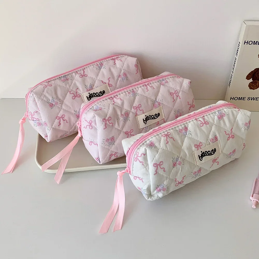 INS Korean Cute Sweetheart Bow Pencil Case Aesthetic Portable Girl Makeup Bag Pouch Stationery Organizer Kawaii School Supplies