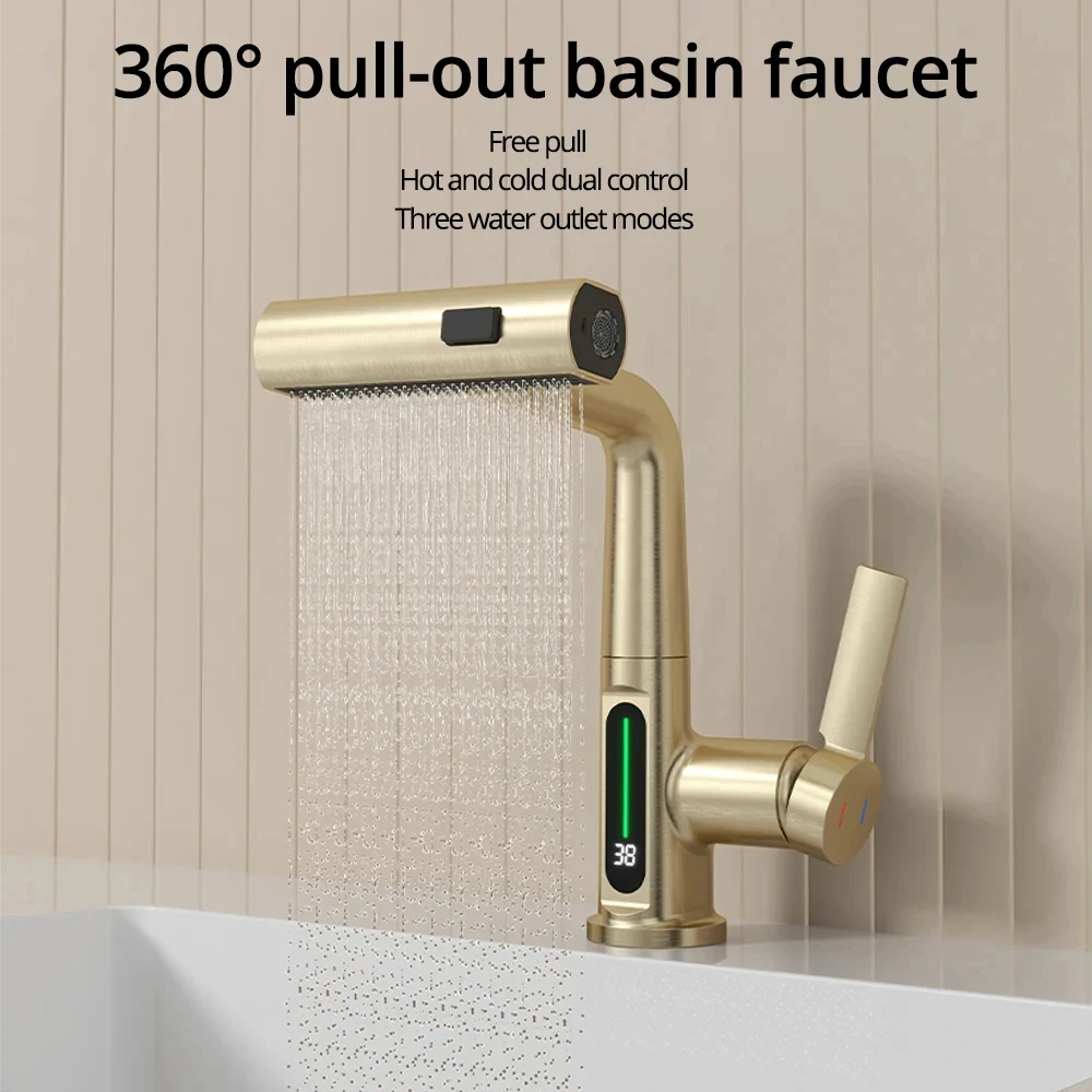 Brushed Gold Basin Faucet lifting Pull Down Digital Display Tap Waterfall Water 3 Function Pull Out Sprayer Deck Mounted