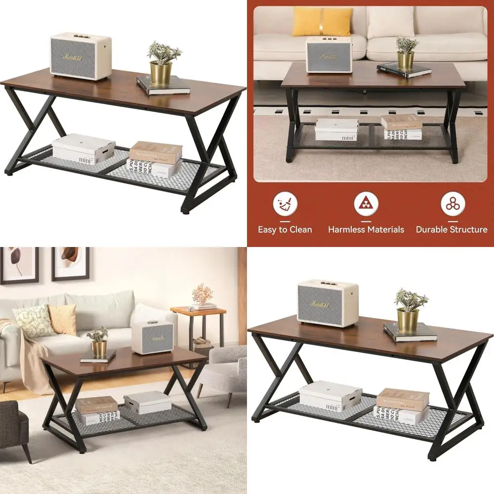 

Vintage 2-Tier Industrial Metal & Wood Coffee Table, 39 Rectangular Storage Shelf, Brown