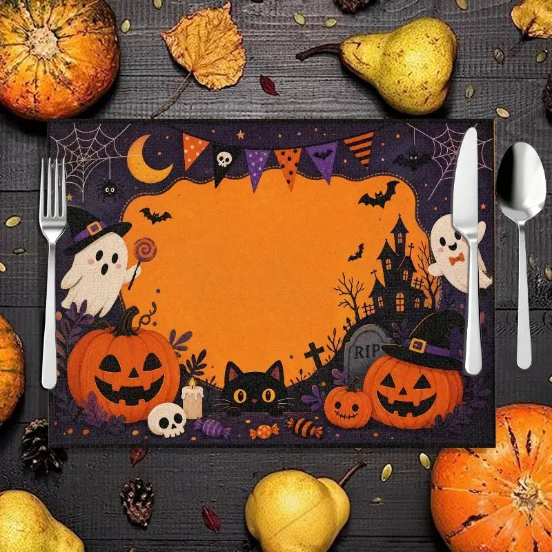 VIKAMA 2/4/6pcs Halloween Meal Mat Striped Linen Table Mat Pumpkin Ghost Witch Skull Black Cat Bat Desktop Party Decoration