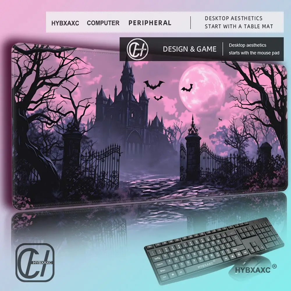 HYBXAXC Large Gaming MousePad DeskMat Extended Mousepad with Haunted Castle and Full Moon Design Desk MouseMat for Gamers