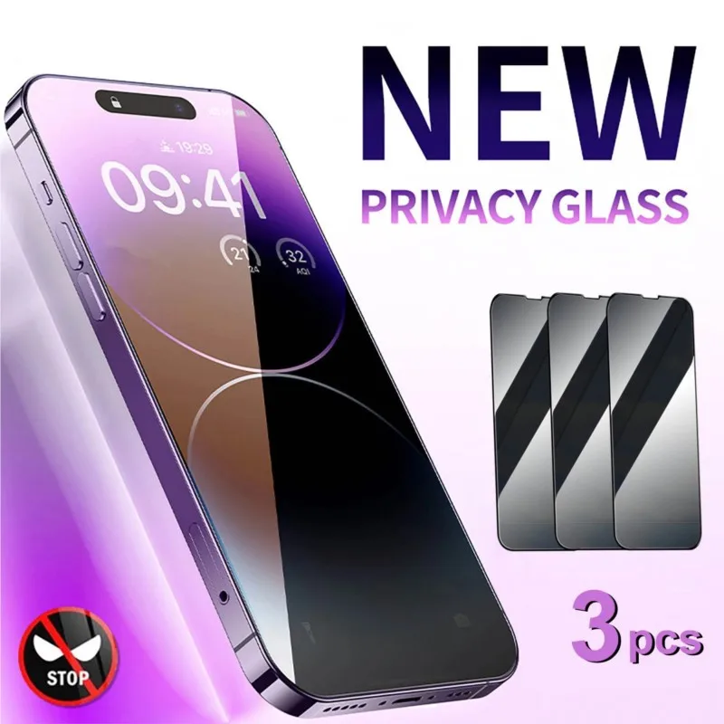 3 Stück Anti-Spionage-Sichtschutz-Hartglasfolie für iPhone 16 15 14 Plus 13 12 Mini 11 Pro XR X XS Max Lila Lichtbildschirm