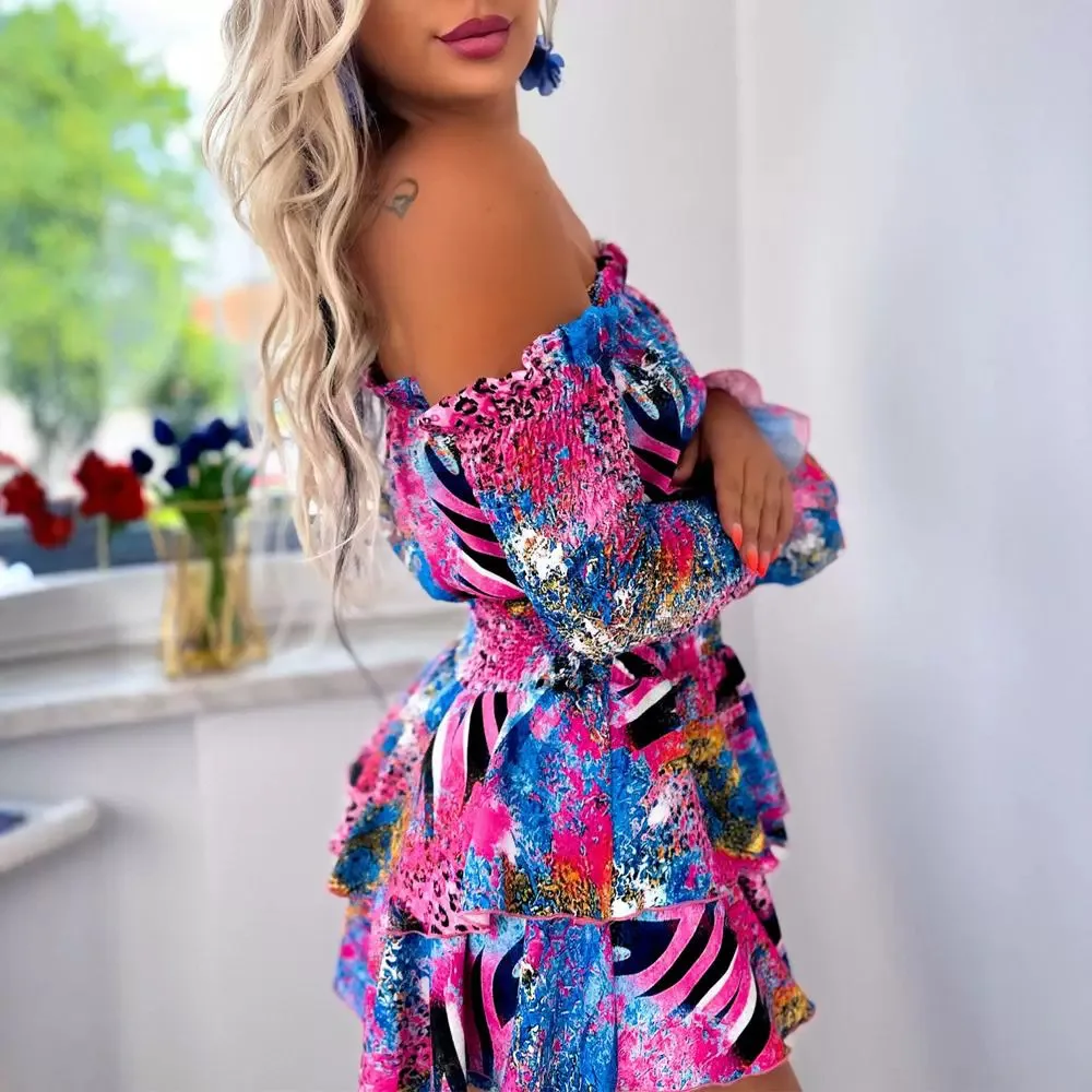 Veelkleurige Luipaard Zebra Stripe Print Shirt Off Shoulder Romper Strapless Lange Mouw Hoge Taille Mini Jurk