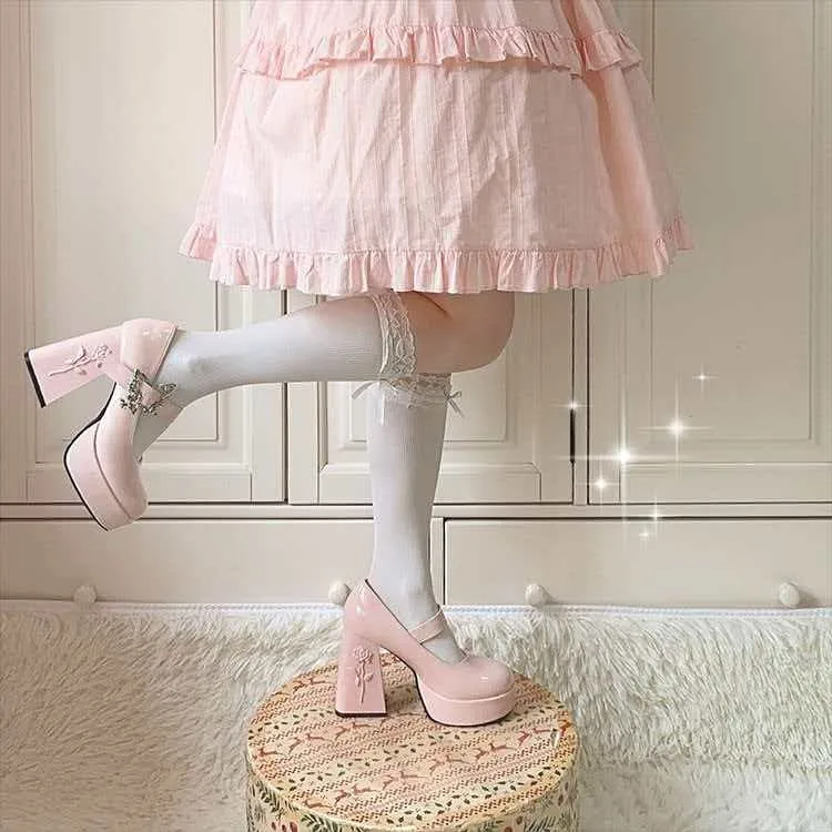 

Waterproof platform chunky heel butterfly rose niche design elegant high heels