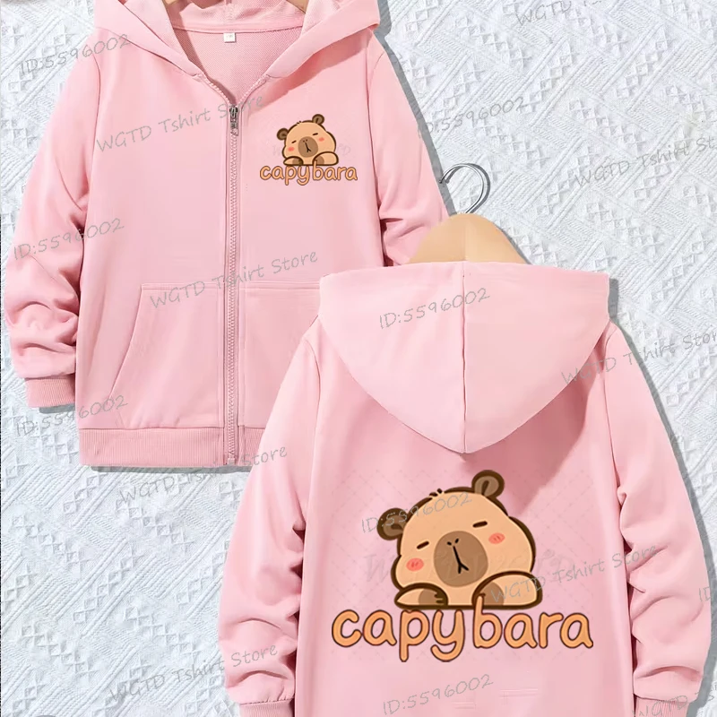 

Youth Trendy Capybara Print Hoodie Jacket Capybara Kawaii Cartoon Stylish Zip-Up Sweatshirt Girls Boys Cute Animal Autumn Hoodie
