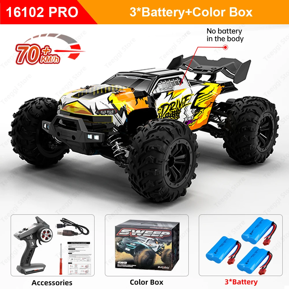 Teeggi 16101/16102 PRO 1:16 Hoge Snelheid RC Auto Met LED Licht Drift 70 KM/H 4WD RC Off-road Auto Monster Truck Speelgoed Voor Kid Geschenken