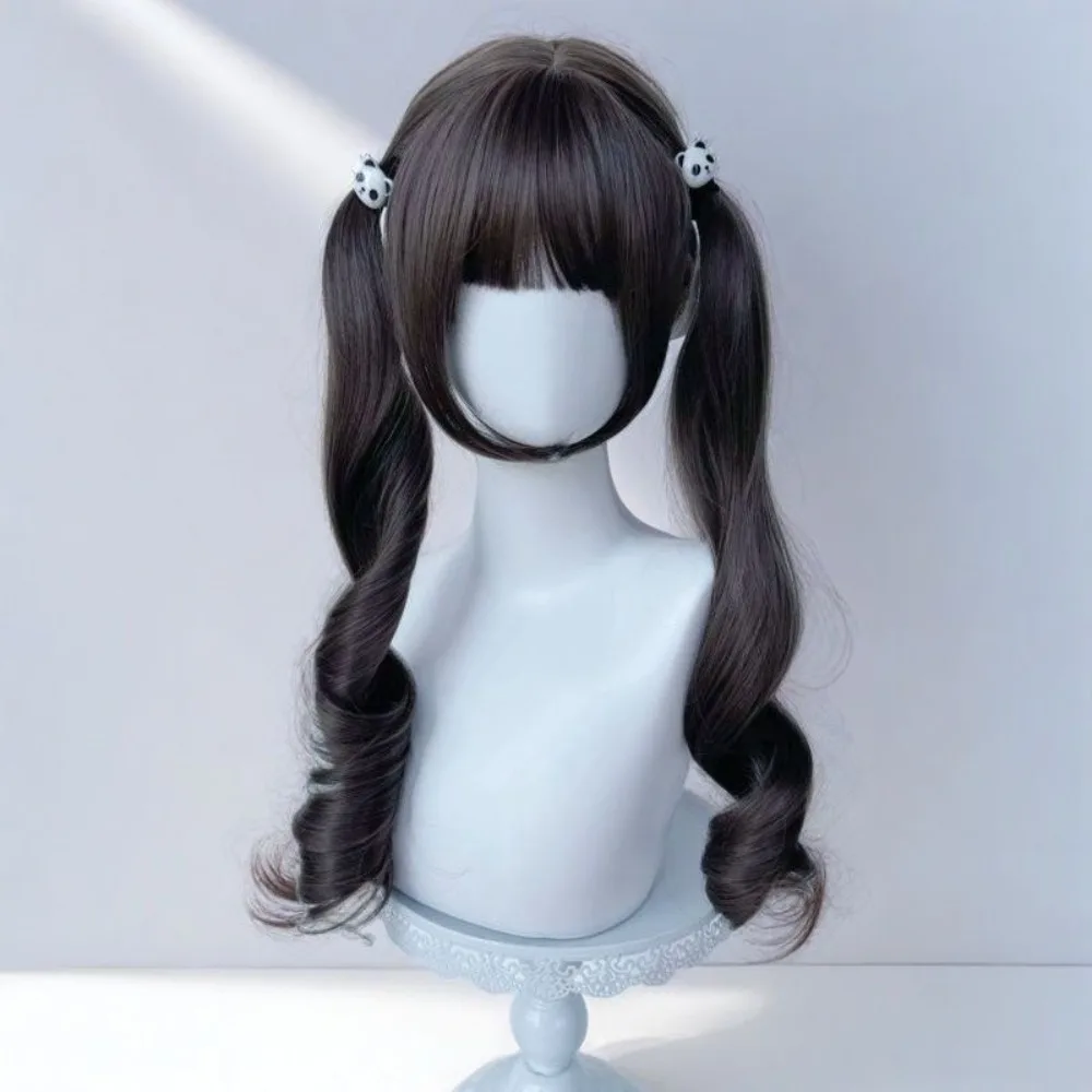 ‌ フレンチカーリーロリータウィッグ - チェスナットブラウンヘア、エアバング付き、JK女子高生ツインテール、フルヘッド合成コスプレヘア