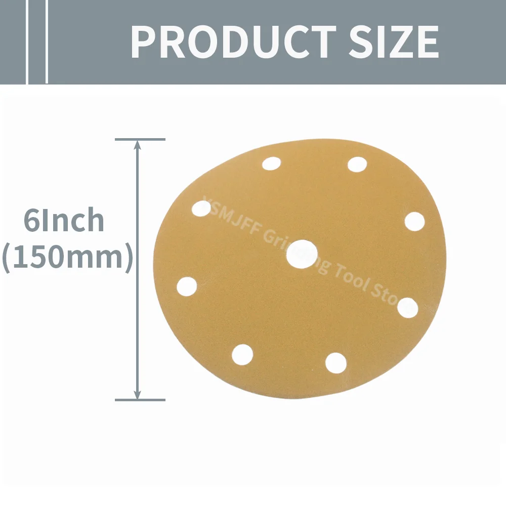 50PCS 6-Inch 9-Hole Hook & Loop Yellow Sanding Discs 150mm Aluminum Oxide, Multi-Grit 40-800 for Woodworking, Metal, Automotive