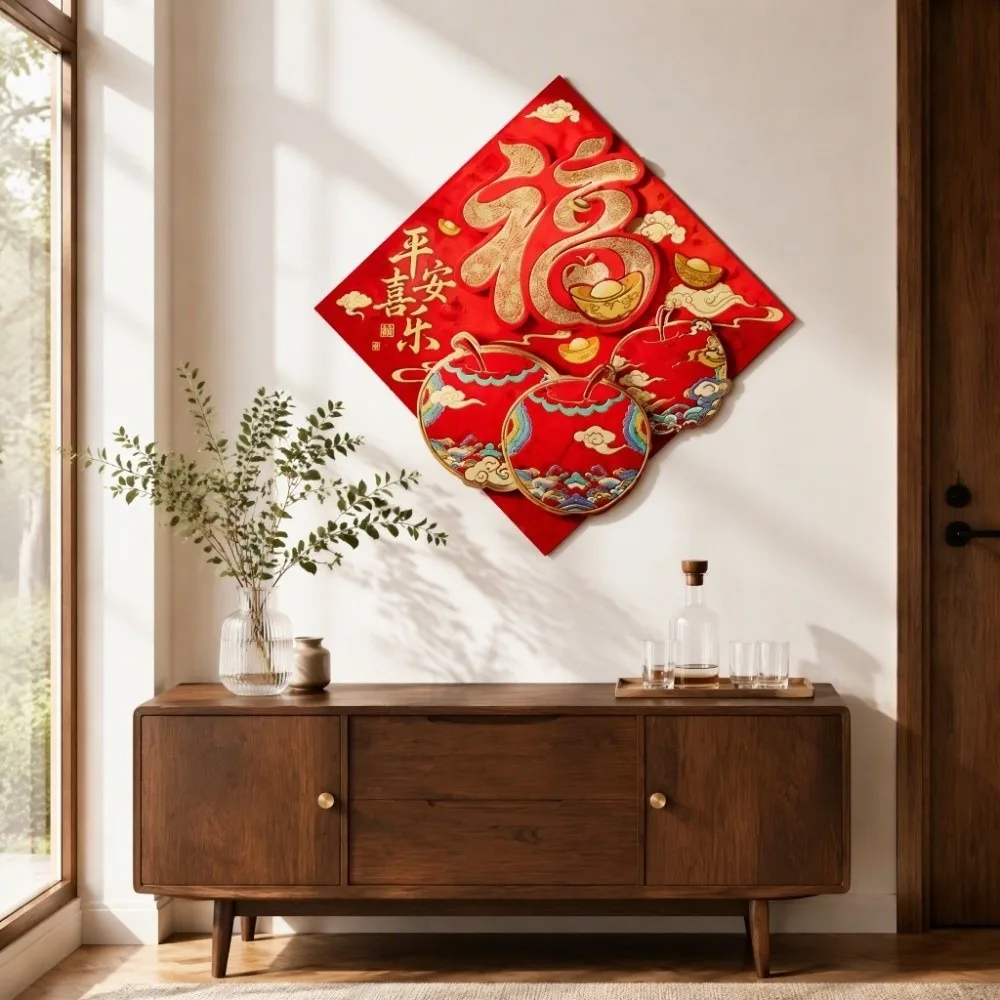 3D Fu Character Wall Stickers Chinese Style Flock New Year Door Stickers Blessing Words Lucky Spring Festival Decorations