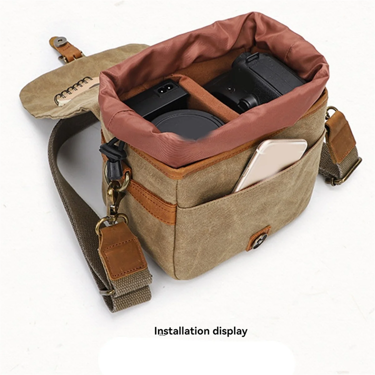 Canvas SLR Camera Bag Mini Single Messenger Bags Waterproof Wear- Shoulder Photography Backpacks Khaki