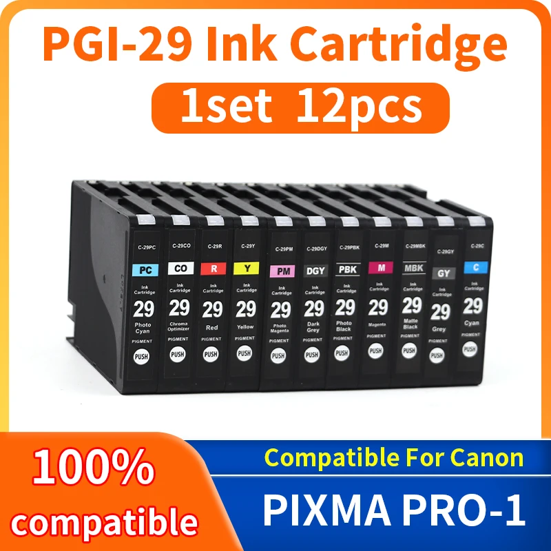 1set 12PC For Canon PGI-29 PGI29 PGI 29 ink cartridge Compatible for canon PIXMA PRO-1 PRO 1 Printer pigment cartridge with chip