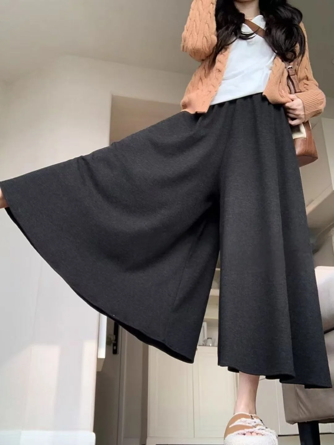 

Брюки-юбка больших размеров в корейском стиле, повседневные, с широкими штанинами, с высокой талией, на резинке, вязаные, утепленные, для осени и зимы