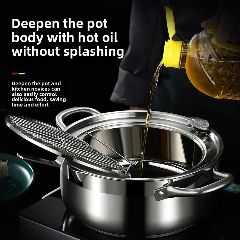 Japanese Deep Frying Pot with a Thermometer and a Lid 304 Stainless Steel Kitchen Tempura Fryer Pan 20 24 cm
