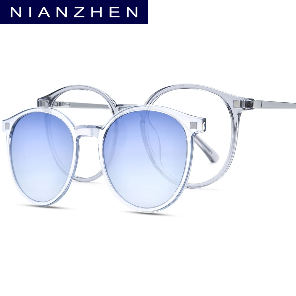 NIANZHEN TR90 Alloy Glasses Frame Men Round Magnet Clip Eyeglasses Gradient Polarized Sun Lens Women Ultralight Eyewear 2186