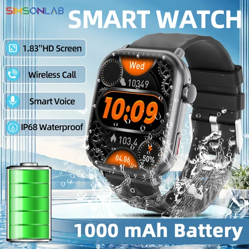 2025 nuevo reloj inteligente caliente 1,83 ''HD Screen1000mAh batería grande relojes deportivos al aire libre Bluetooth llamada IP68 impermeable para hombres y mujeres