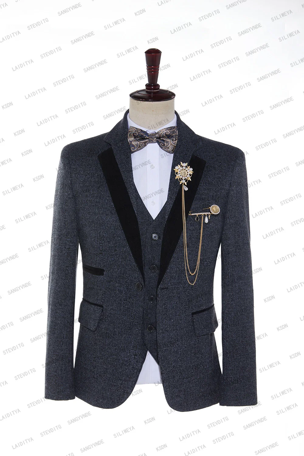 High-end Brand Formal Business Mens Suit Blue Black Tweed Velvet Trimmed Letter Pattern 3Pcs Wedding Dress（Jacket Vest Pants）