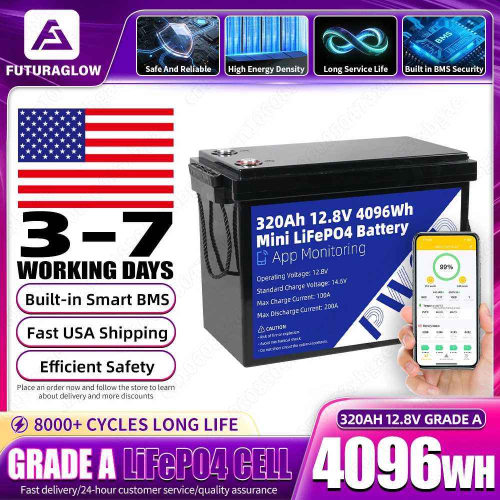 Grade A 12V 320Ah Lifepo4 Battery Pack Support APP Control Safety 12.8V Lithium Iron Phosphate Rechargeable Cell For Home Energy Storage System Camping Backup Batteries