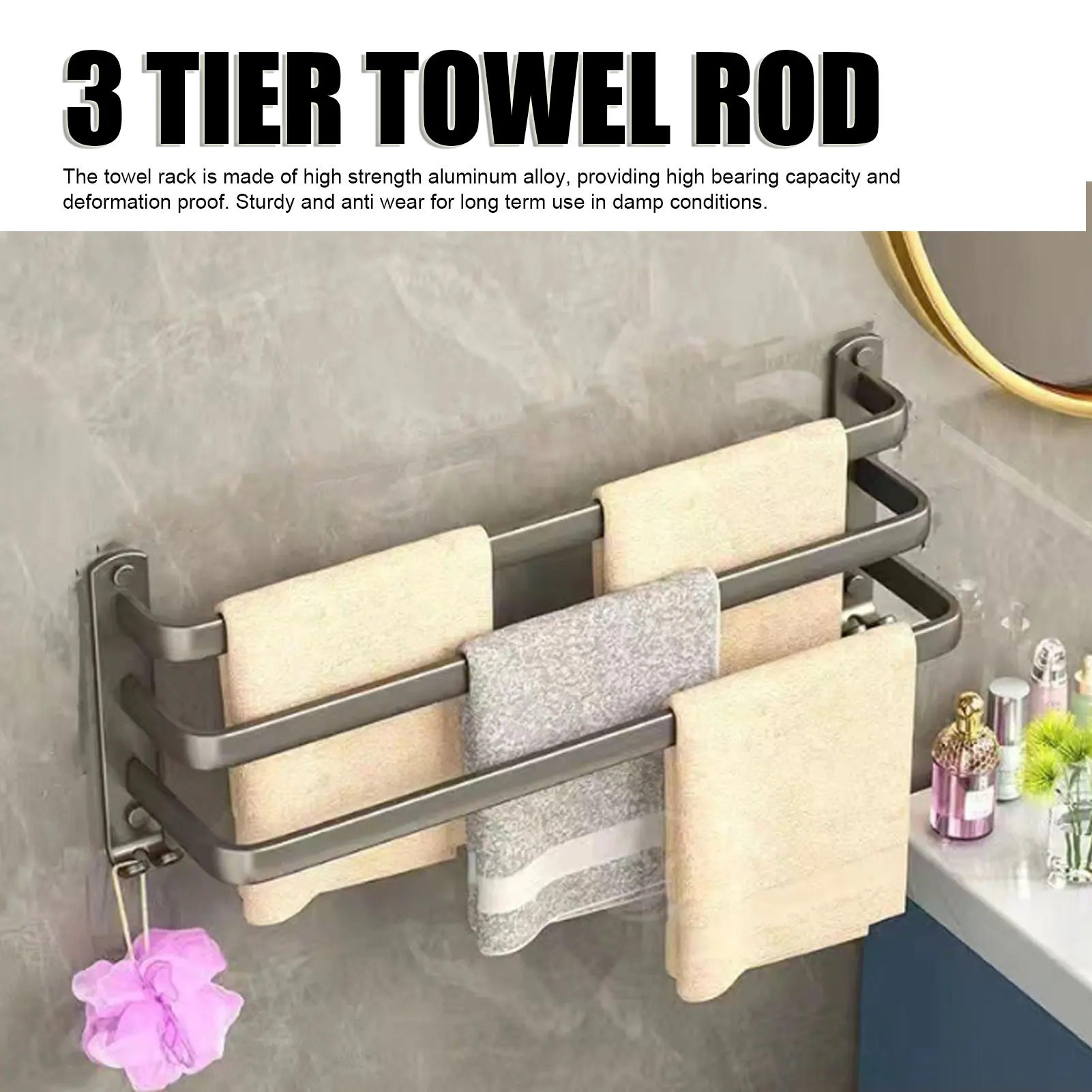 Wall Mounted Towel Rack Organizer Smoother Corner Easy Installation 3 Tier Towel Rod Enhanced Ventilation 60CM for Kitchen