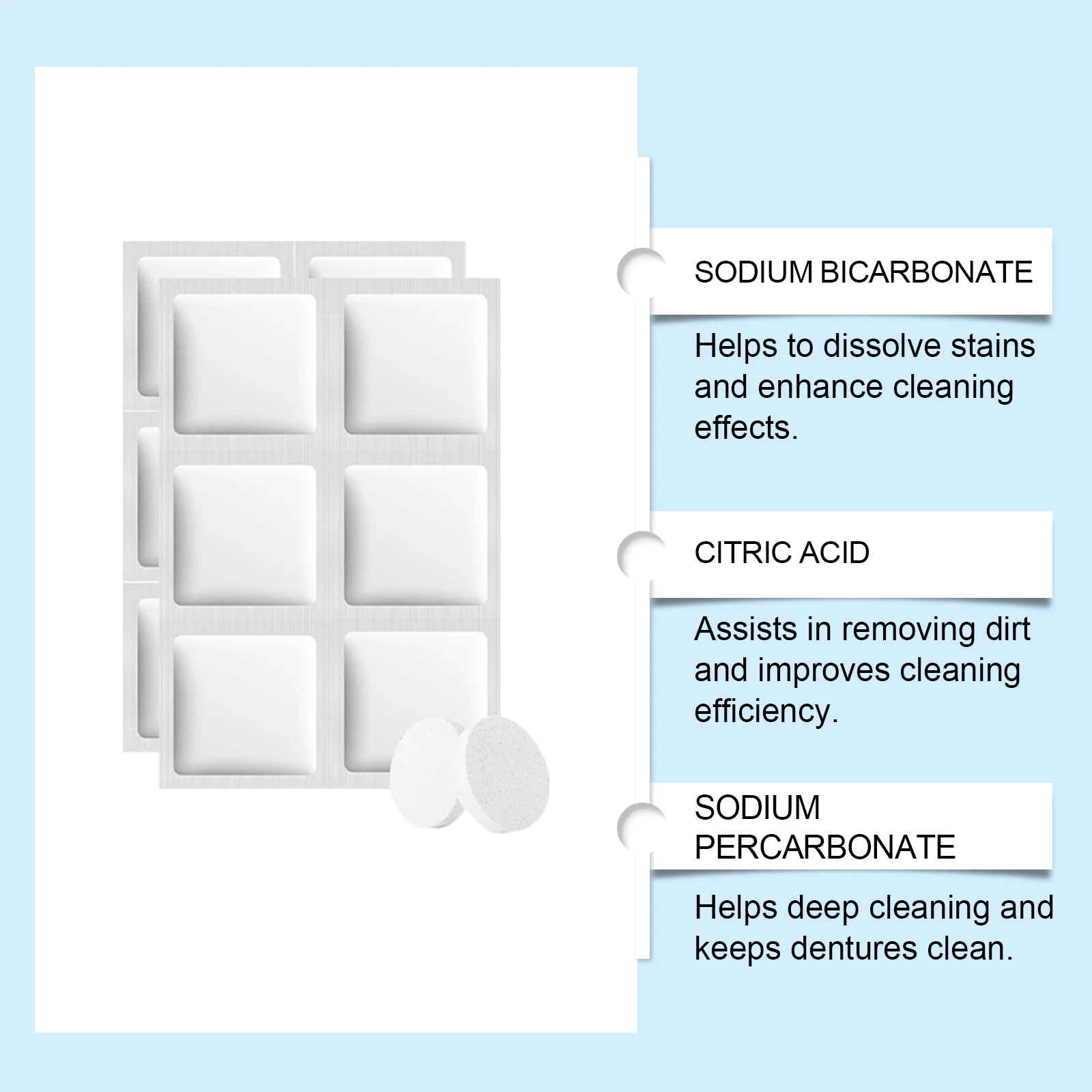 أقراص فوارة لتنظيف الأسنان: تنظيف يومي لأوساخ وبقع الأسنان، أقراص فوارة للعناية بأطقم الأسنان