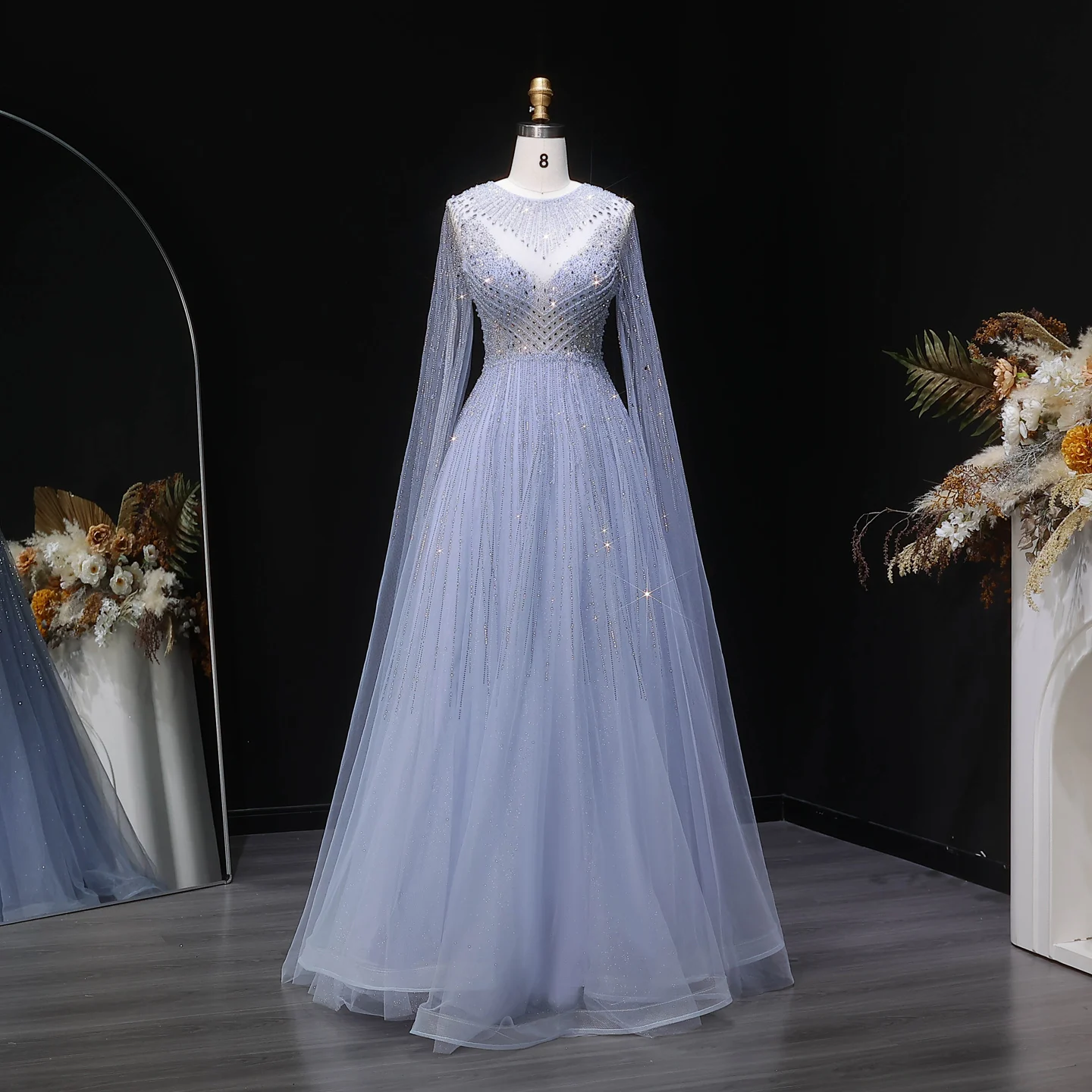 Sharon Said Luxuriöse Dubai Perlen-Kristall-Tüll-Abendkleider Elegante Cape-Ärmel Formelle Ballkleider SS054 Maßanfertigung – Detail 4