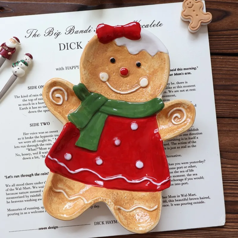 Creative Gingerbread Man Ceramic Christmas Decorative Plate Nordic Santa Claus Dessert Plate Cartoon Tableware Holiday Ornaments