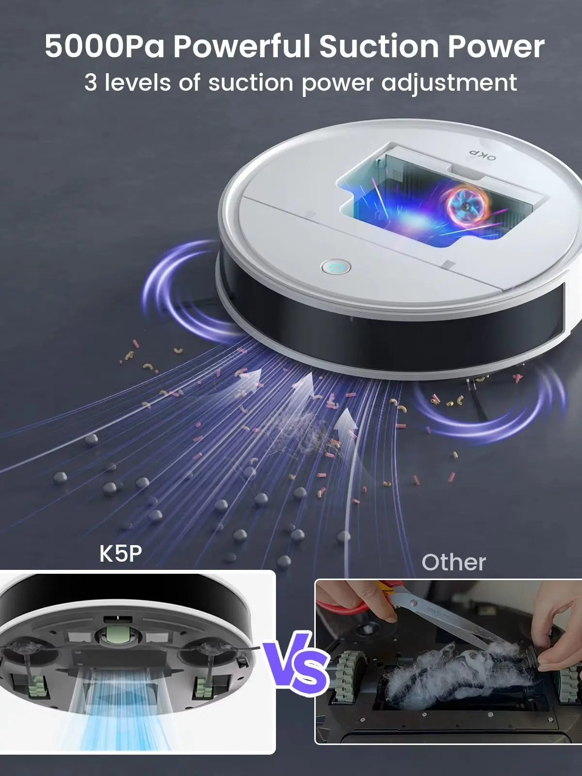OKP K5P Roboterstaubsauger mit Kartierung, 5000Pa, PSD 190 ° 180 Minuten, APP/WiFi-Steuerung, ideal für Tierhaare und Hartböden