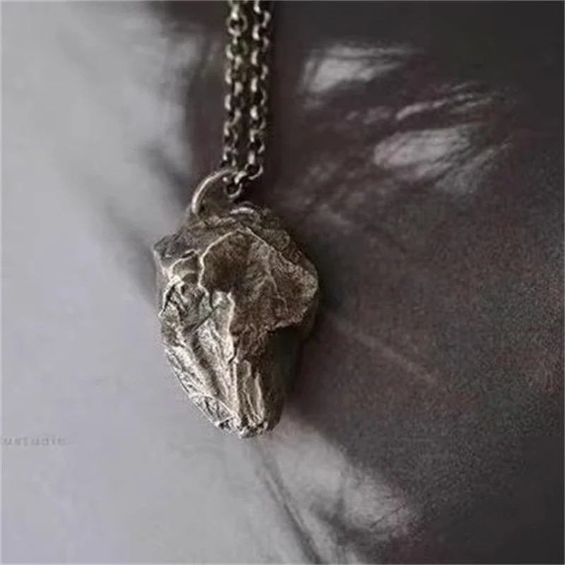 Retro Trendy Men's Irregular Black Stone Pendant Jewelry Fashionable Personality S925 Chain Necklace Male Meteorite Accessories view 3