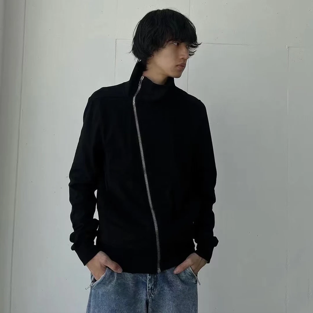 

NIGO Мужская осенне-зимняя темная куртка с косой молнией и высоким воротником, модная повседневная трендовая темпераментная короткая куртка # NGTOP12198