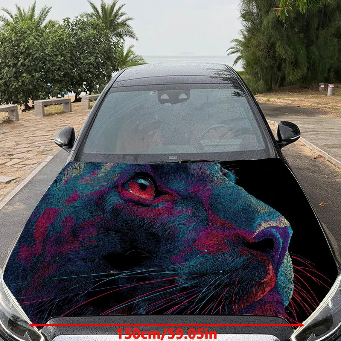 Car Decal Panther with Neon Pink-Blue Color Block Artistic Background & Edgy-Mystic Aesthetic Car Hood Sticker, Waterproof Self