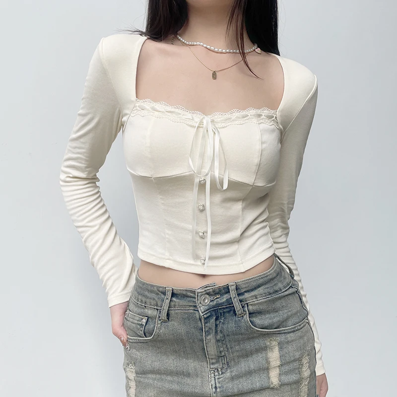 Y2K Sweet Pink Lace Trim Long Sleeve Corset Crop Tops Korean Style Cute Aesthetic Slim T-Shirt Women Basic Tees Autumn Pullovers