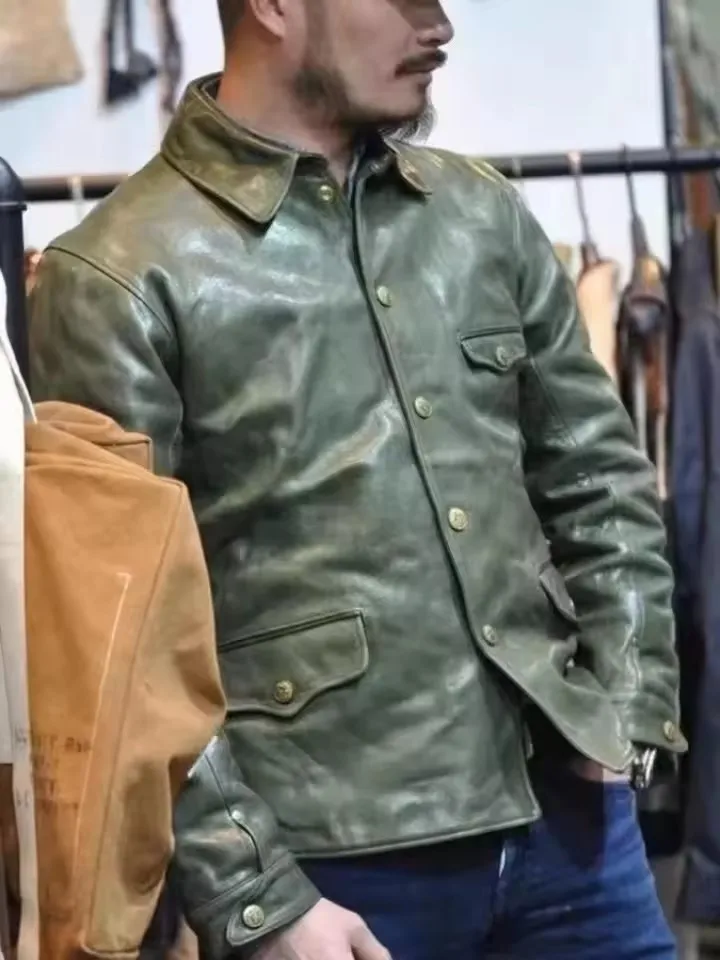 Autumn Vintage Oil Wax Horsehide High Quality Mens Punk Genuine Leather Jacket Single Breasted Slim Fit Motorcycle Short Coat