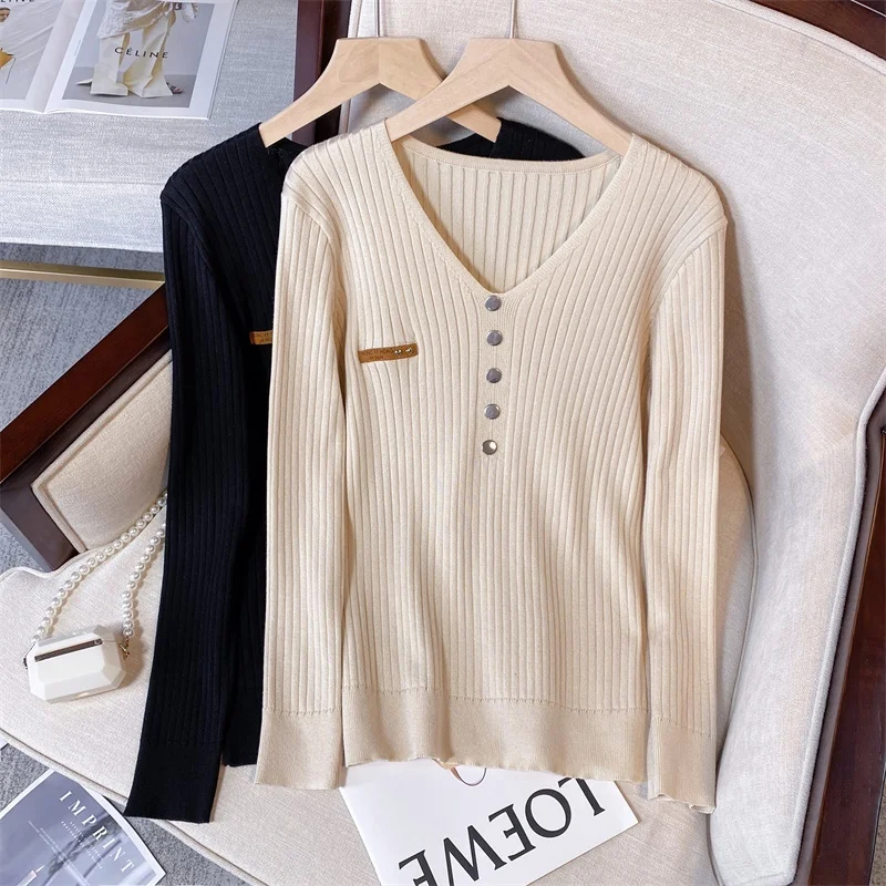 Large Knitted Sweaters Women 2022 Autumn Fashion V-neck Loose Bottomed Knitting Tops XL-4XL Korean Style Simple Jumpers