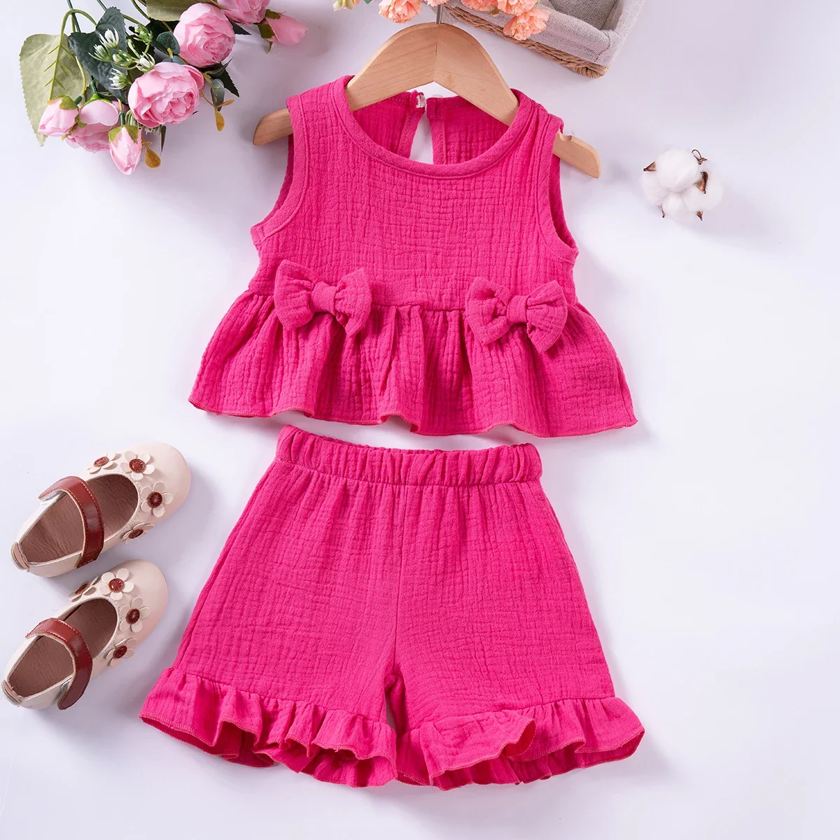 New Girls Summer Cotton Suit Cute Bow Sleeveless Top Ruffled Shorts Two Piece Clothes Sets Soft Comfortable Breathable